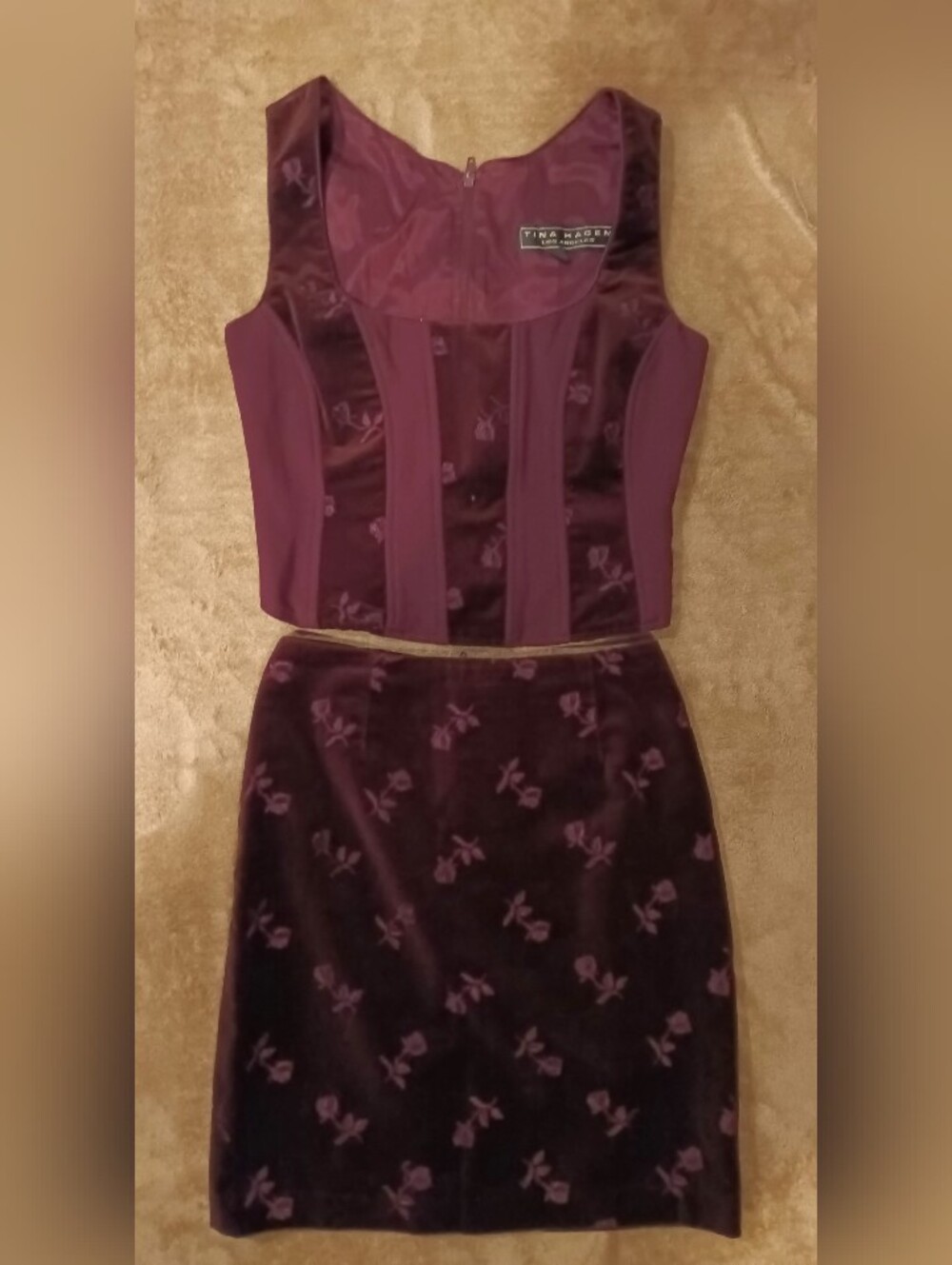 Vintage Tina Hagen Two-Piece Plum Velvet Floral Corset Top & Skirt Set